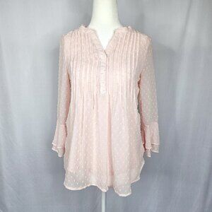 Charter Club Pink Dotted Swiss Blouse | Petite PP | Pleated V-Neck Ruffle Sleeve